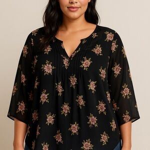 Torrid Sheer Floral Pintuck Blouse – Size 0 (Fits 0X / 12–14)